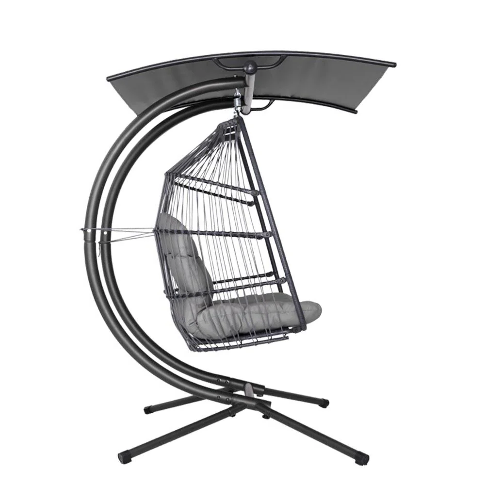 Gardeon 2-Seater Grey Outdoor Egg Swing Chair - Wicker Pod with Stand and Adjustable Canopy