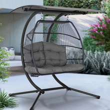 Load image into Gallery viewer, Gardeon 2-Seater Grey Outdoor Egg Swing Chair - Wicker Pod with Stand and Adjustable Canopy
