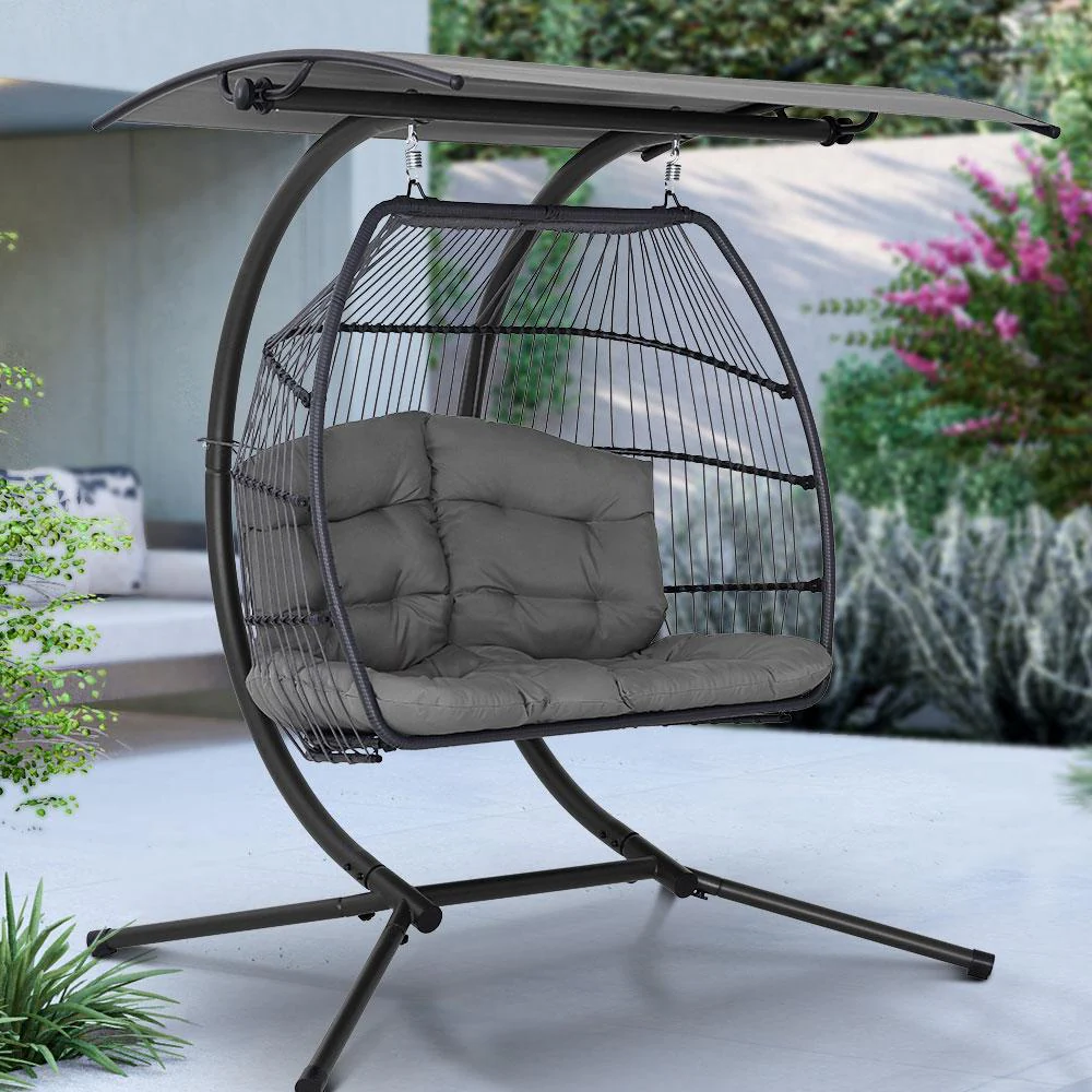 Gardeon 2-Seater Grey Outdoor Egg Swing Chair - Wicker Pod with Stand and Adjustable Canopy