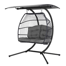 Load image into Gallery viewer, Gardeon 2-Seater Grey Outdoor Egg Swing Chair - Wicker Pod with Stand and Adjustable Canopy
