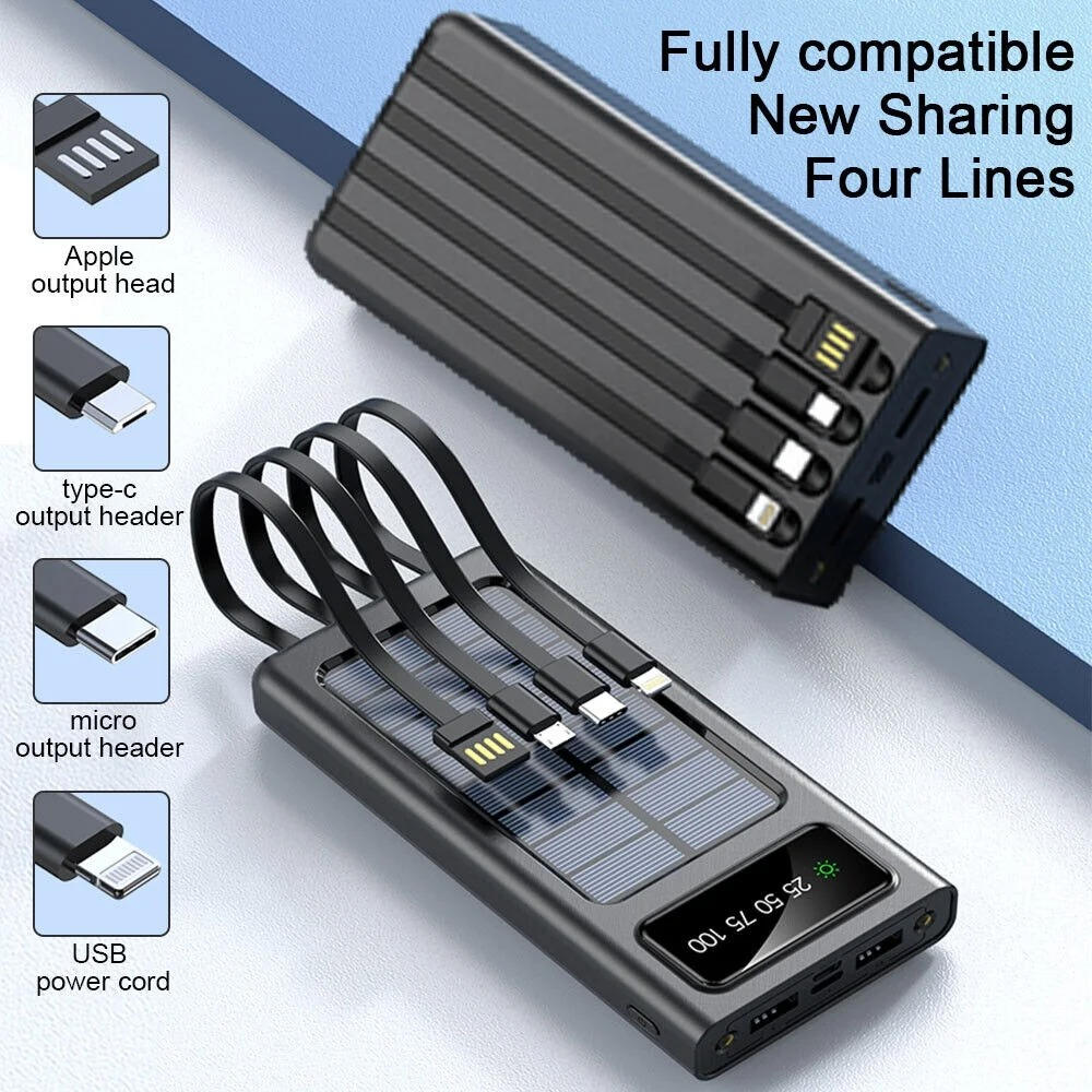 Solar Power Bank 20000mah Fast Charging With Built-In Cables