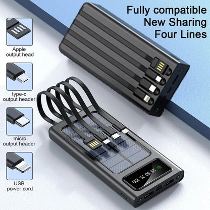 Solar Power Bank 20000mah Fast Charging With Built-In Cables