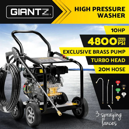 4800PSI Petrol High Pressure Cleaner Washer - 10HP, 20M Hose, Gurney