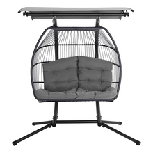 Load image into Gallery viewer, Gardeon 2-Seater Grey Outdoor Egg Swing Chair - Wicker Pod with Stand and Adjustable Canopy
