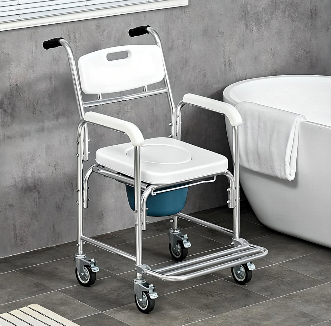 Mobile Shower Toilet Commode Chair Bathroom Bedside Footrest Wheelchair