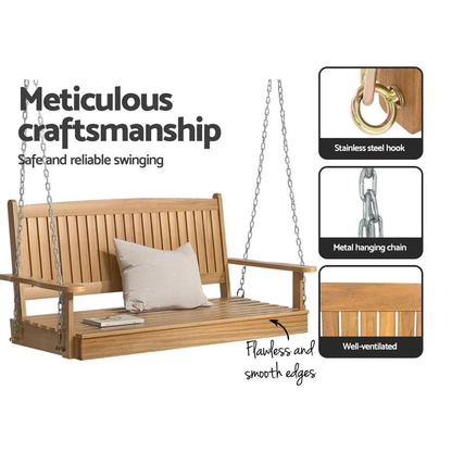 Gardeon Teak Porch Swing Chair with Chain - Outdoor Wooden Bench 2-Seat Furniture