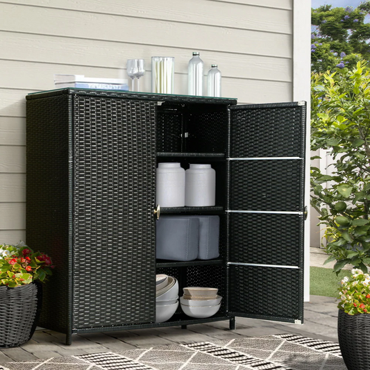 Gardeon Outdoor Wicker Storage Cabinet - Multi-Functional Garden Shed, Chest, and Bar Table for Tools and Essentials